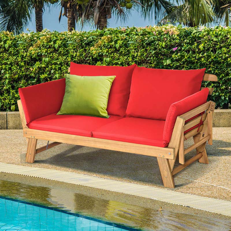 Acacia Wood Patio Daybed Convertible Couch Sofa Bed, Outdoor Folding Chaise Lounge Bench with Adjustable Armrest