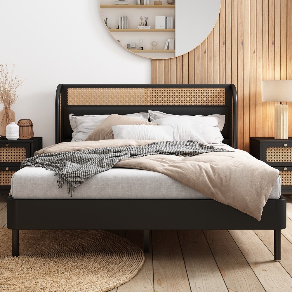 3 Pieces Modern Cannage Rattan Platform Queen Bed and 2 Nightstand