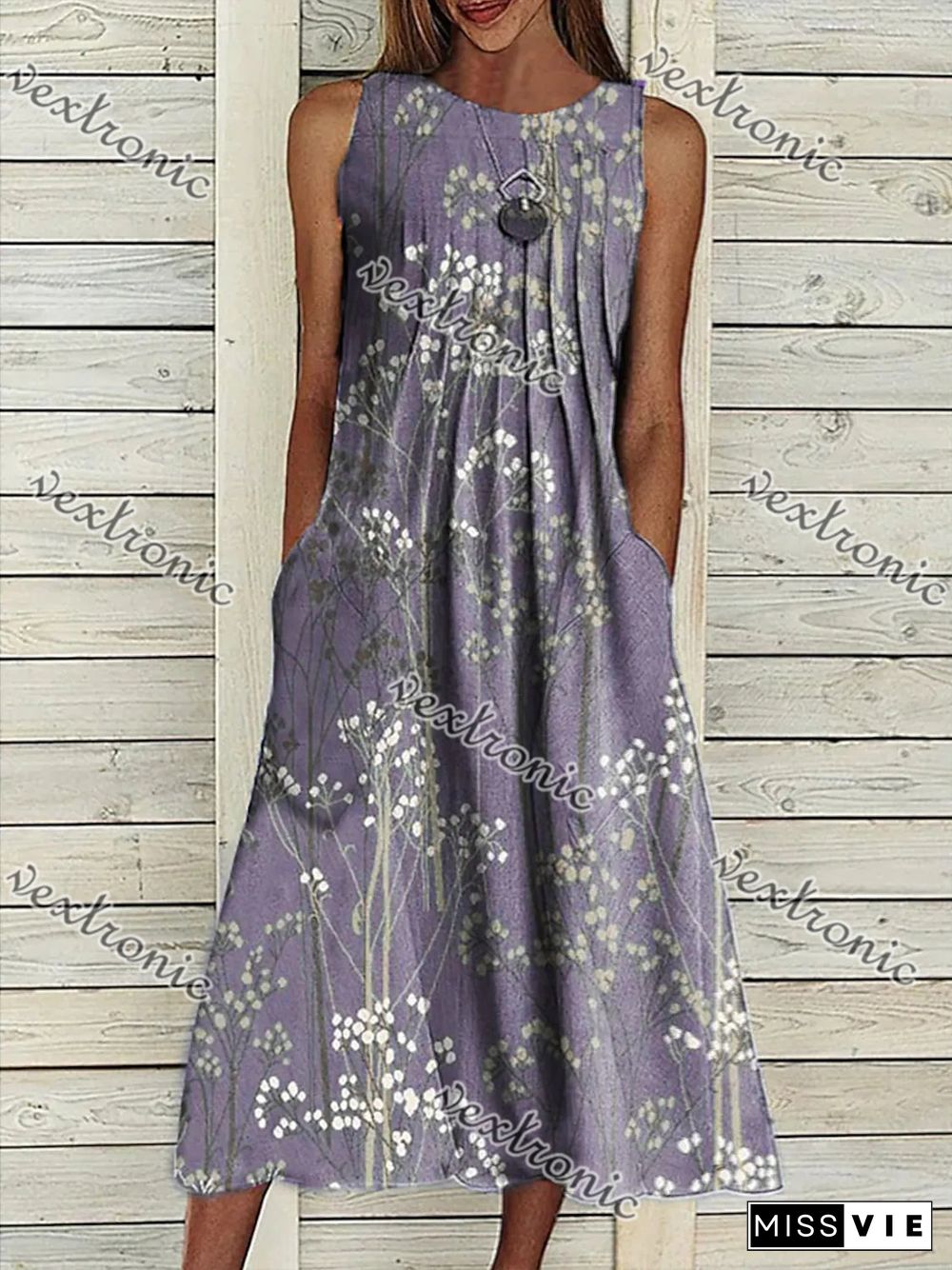 Women's Blue Purple Scoop Neck Sleeveless Graphic Maxi Dress