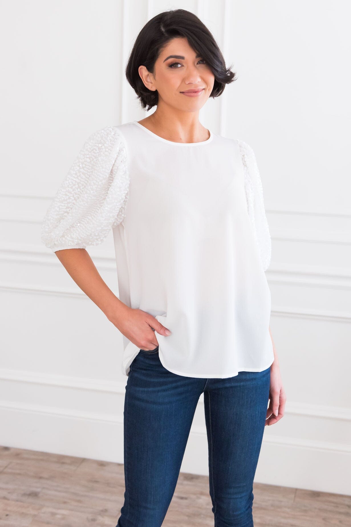 Heartful Of Love Modest Sequin Sleeve Blouse