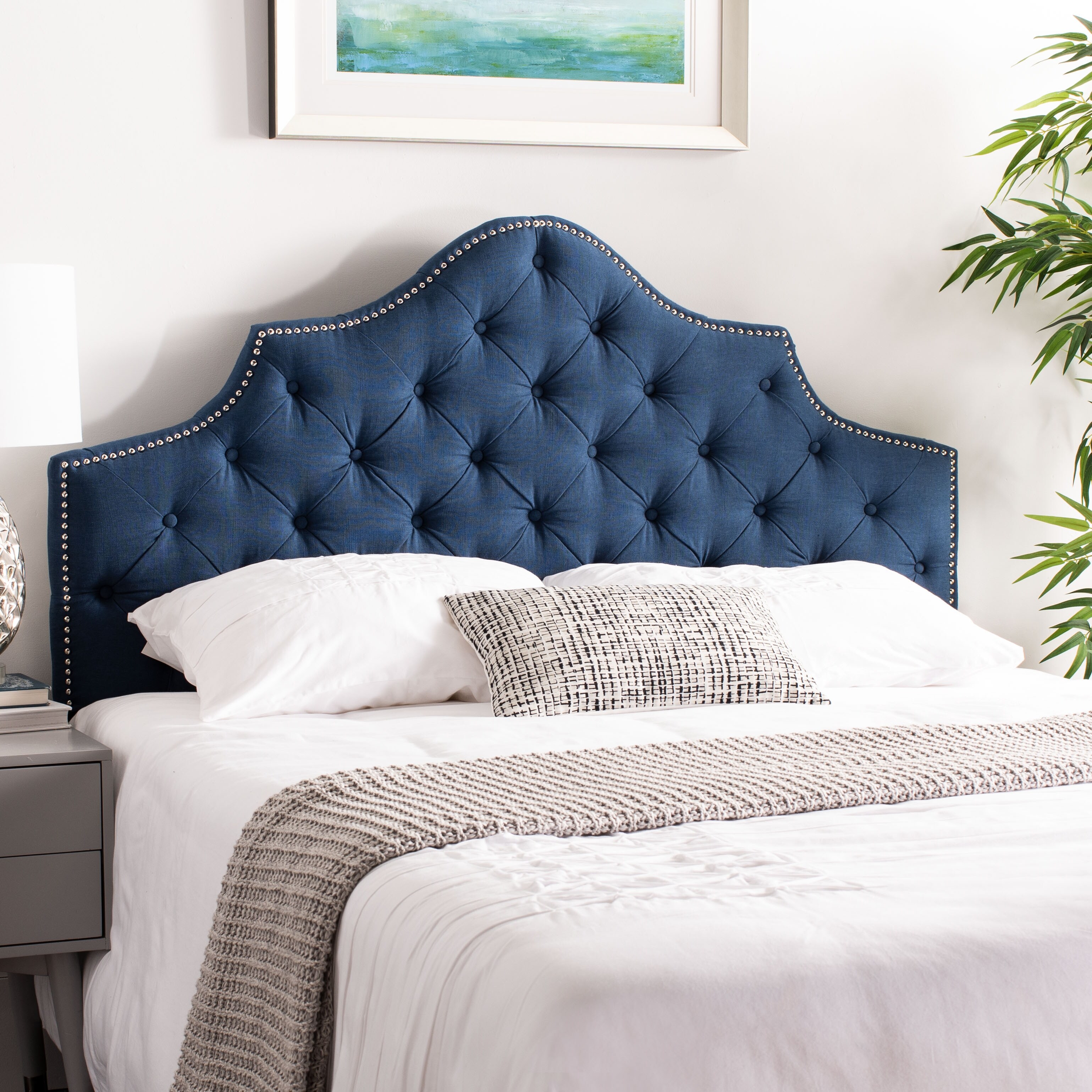 SAFAVIEH Arebelle Steel Blue Upholstered Tufted Headboard - Silver Nailhead (Queen) - - 12014909