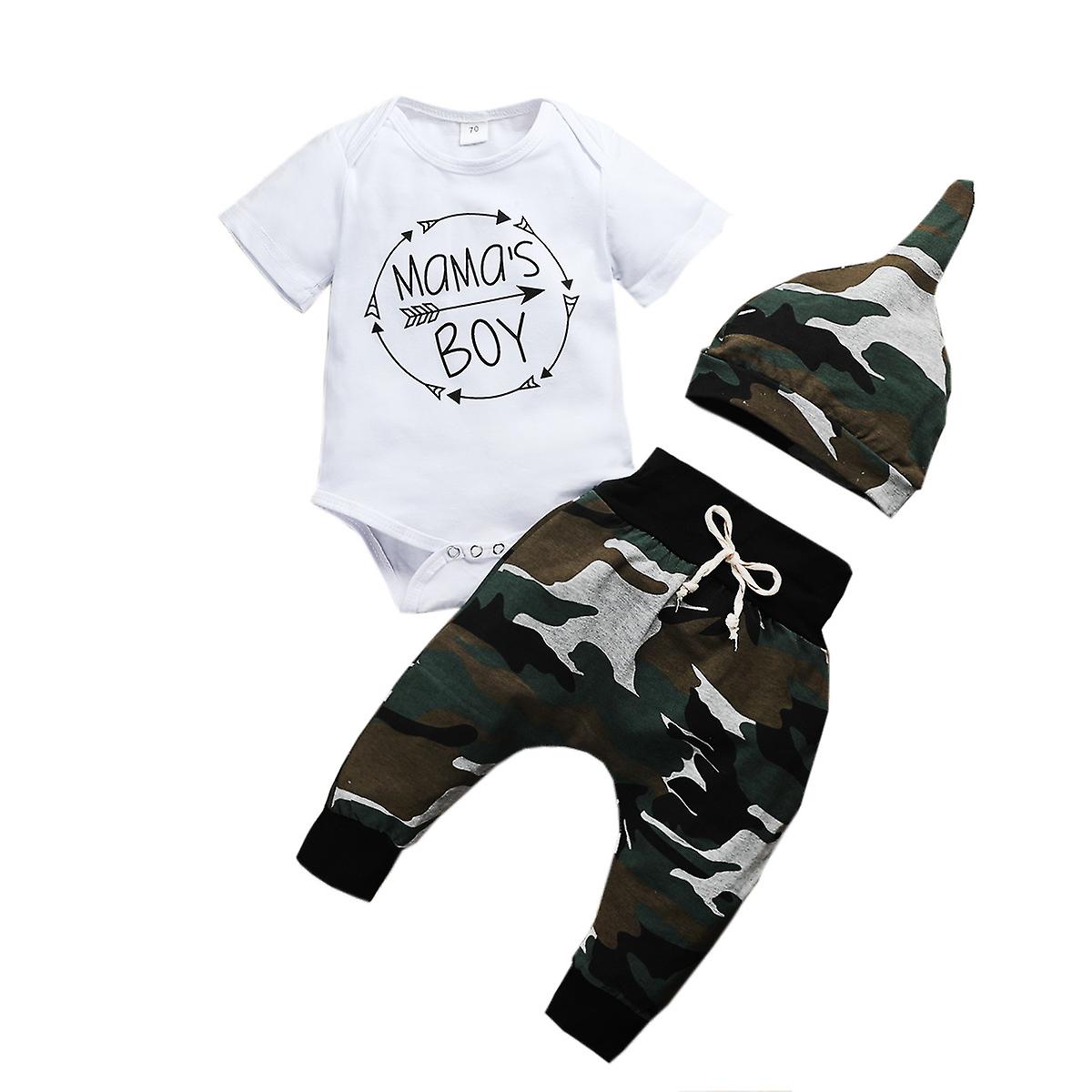 Kids Clothes 3 Pieces Set Newborn Toddler Infant Baby Boy Girl Short Sleeve Romper Camouflage Pants Hat Outfits Rose Red 90cm