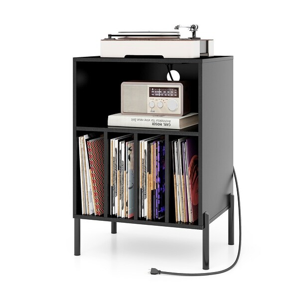 Record Player Stand with Record Storage Shelf and Charging Station