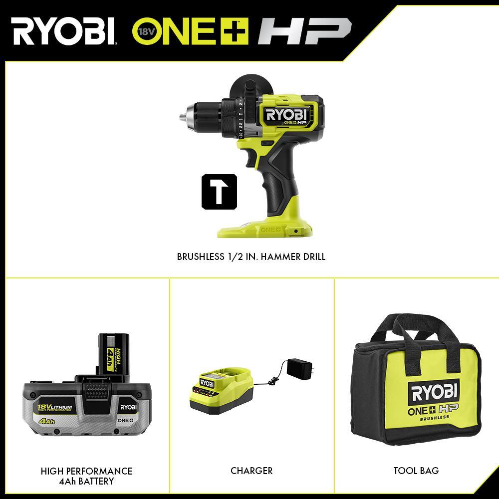 RYOBI ONE+ HP 18V Brushless Cordless 12 in. Hammer Drill Kit with (1) 4.0 Ah High Performance Battery Charger and Tool Bag PBLHM101K