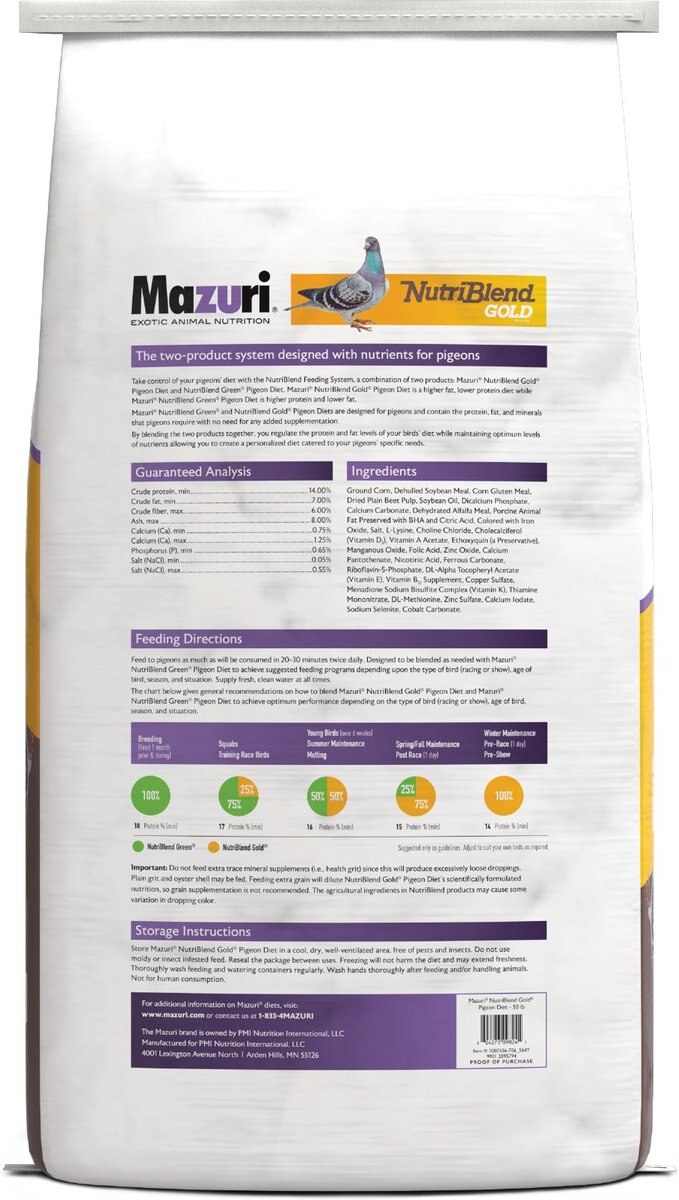 Mazuri Nutriblend Gold Pigeon Bird Food， 50-lb bag