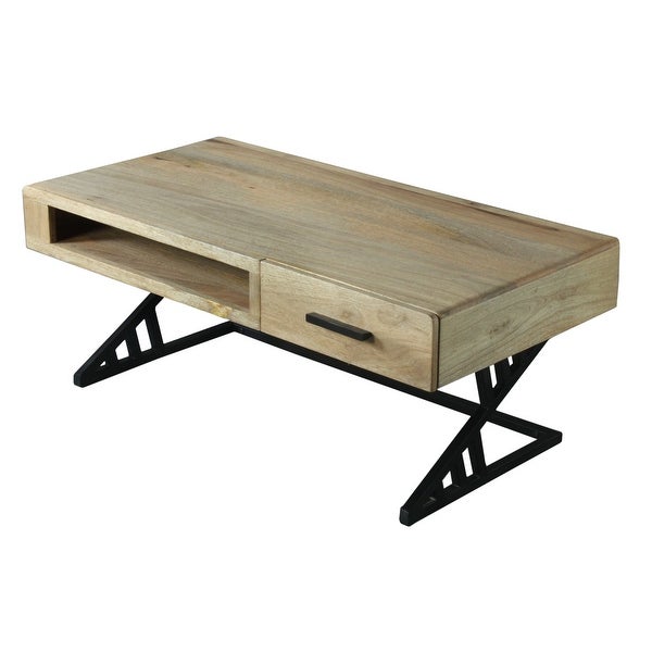 40 Inch Industrial Mango Wood Coffee Table， 1 Drawer， Iron Frame， Light Brown and Black