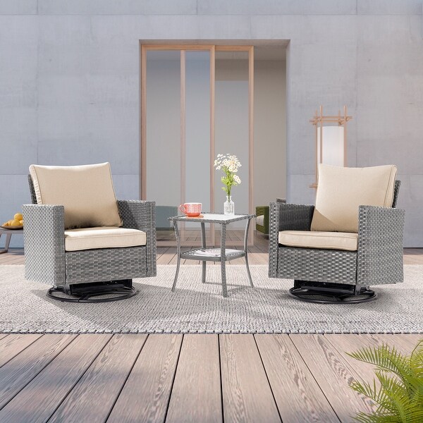 LIVOOSUN 3Piece Patio Sofa Set Gray Rattan Swivel Rocking Chair Glass Table