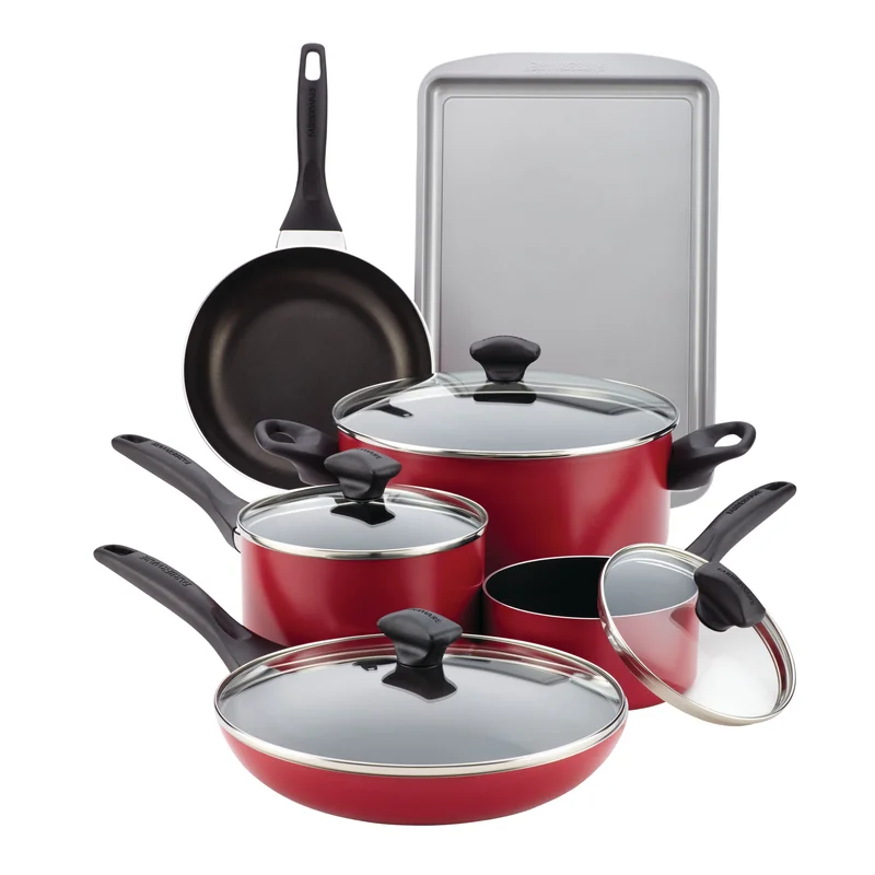 Farberware 21807 Dishwasher Safe 15-Piece Aluminum Nonstick Cookware Set in Red