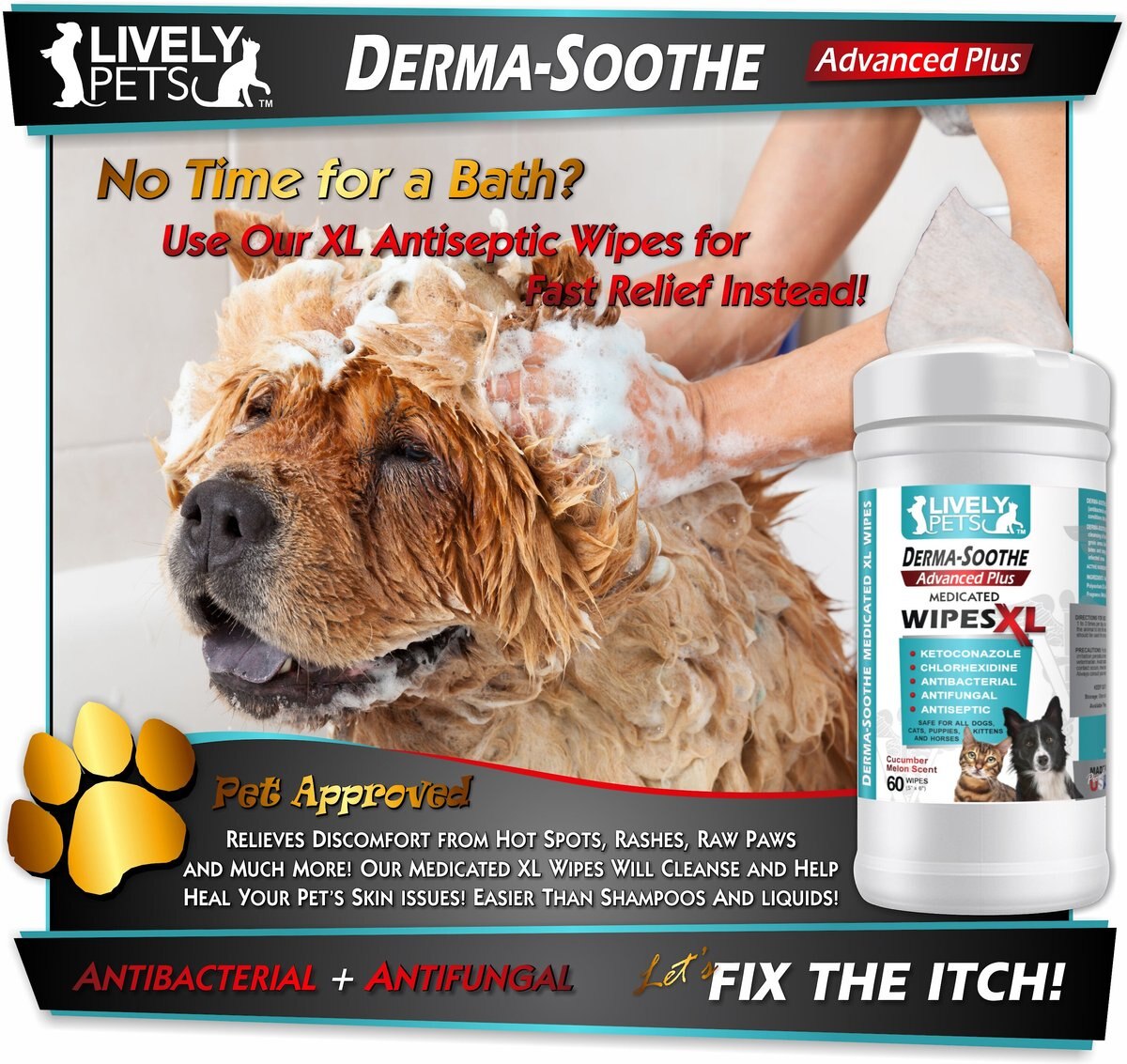 Lively Pets Derma-Soothe Advance Plus Medicated Dog and Cat Wipes