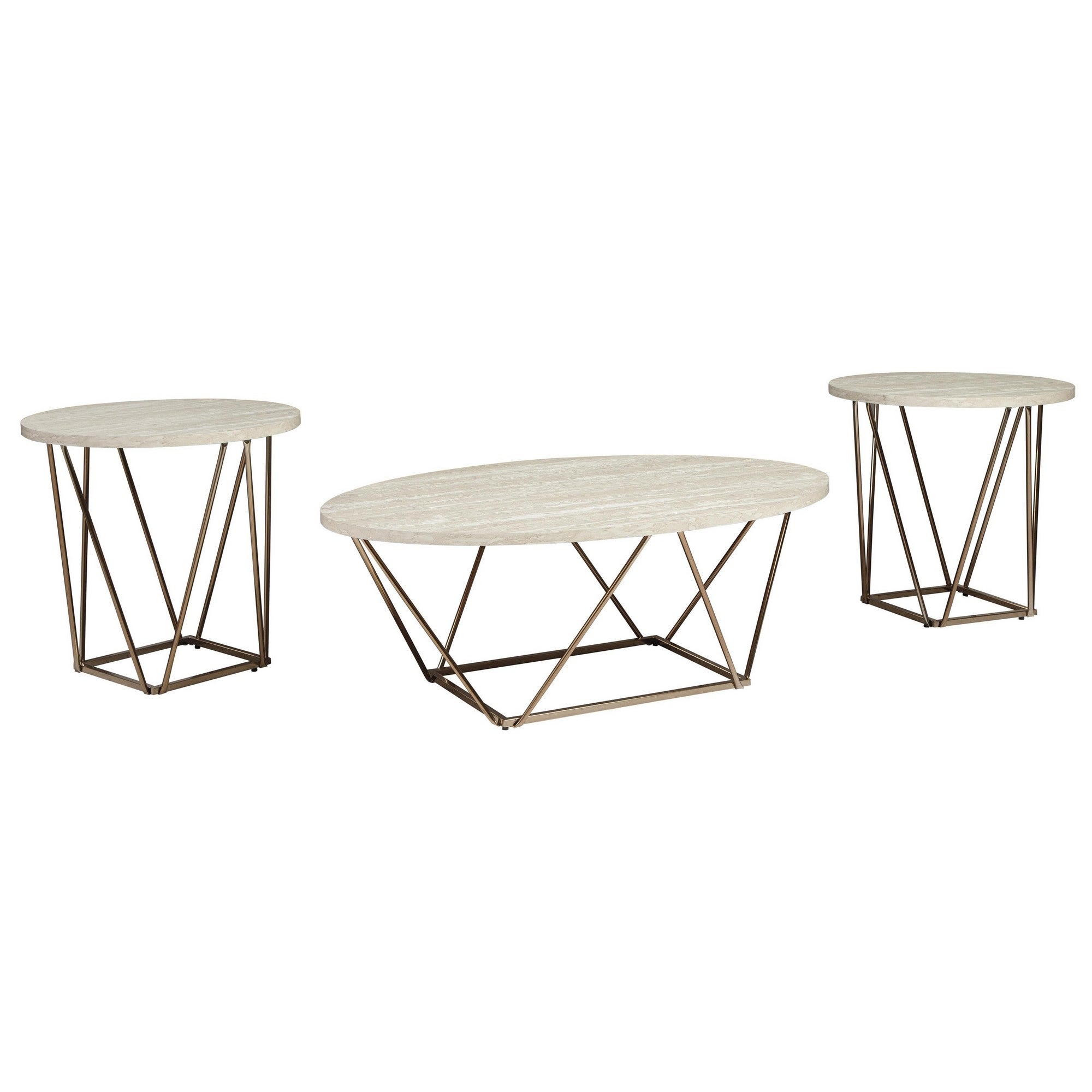 Faux Marble Table Set with 1 Coffee Table and 2 End Tables， White and Gold - 17.88 H x 47 W x 31.13 L