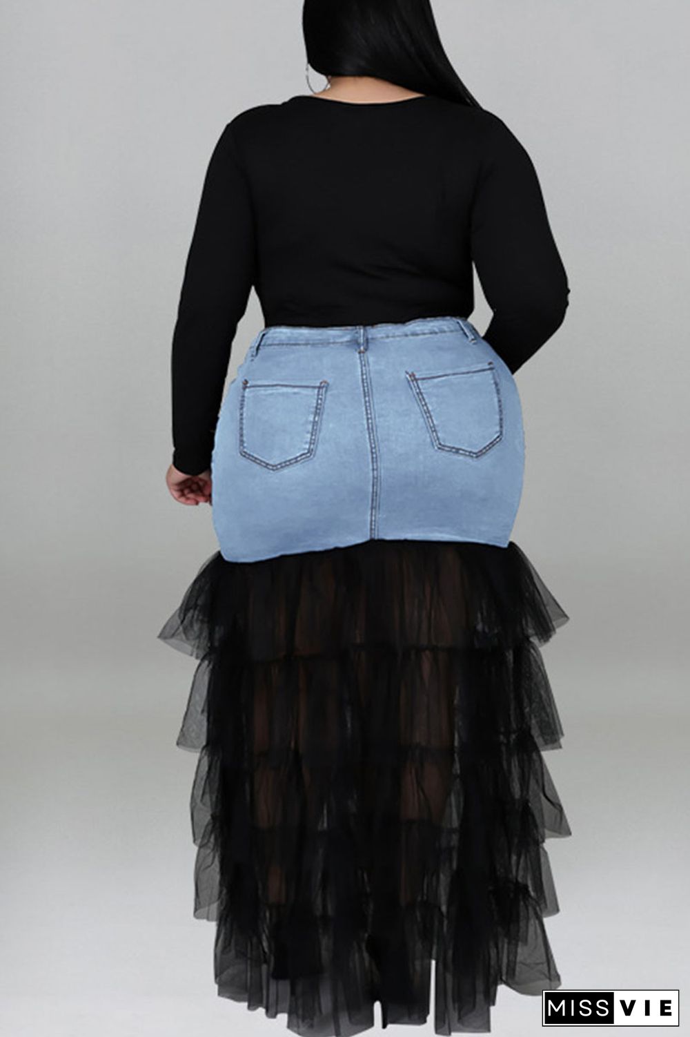 Deep Blue Fashion Solid Patchwork Flounce Plus Size(The Stitching On The Skirt Is Yellow)