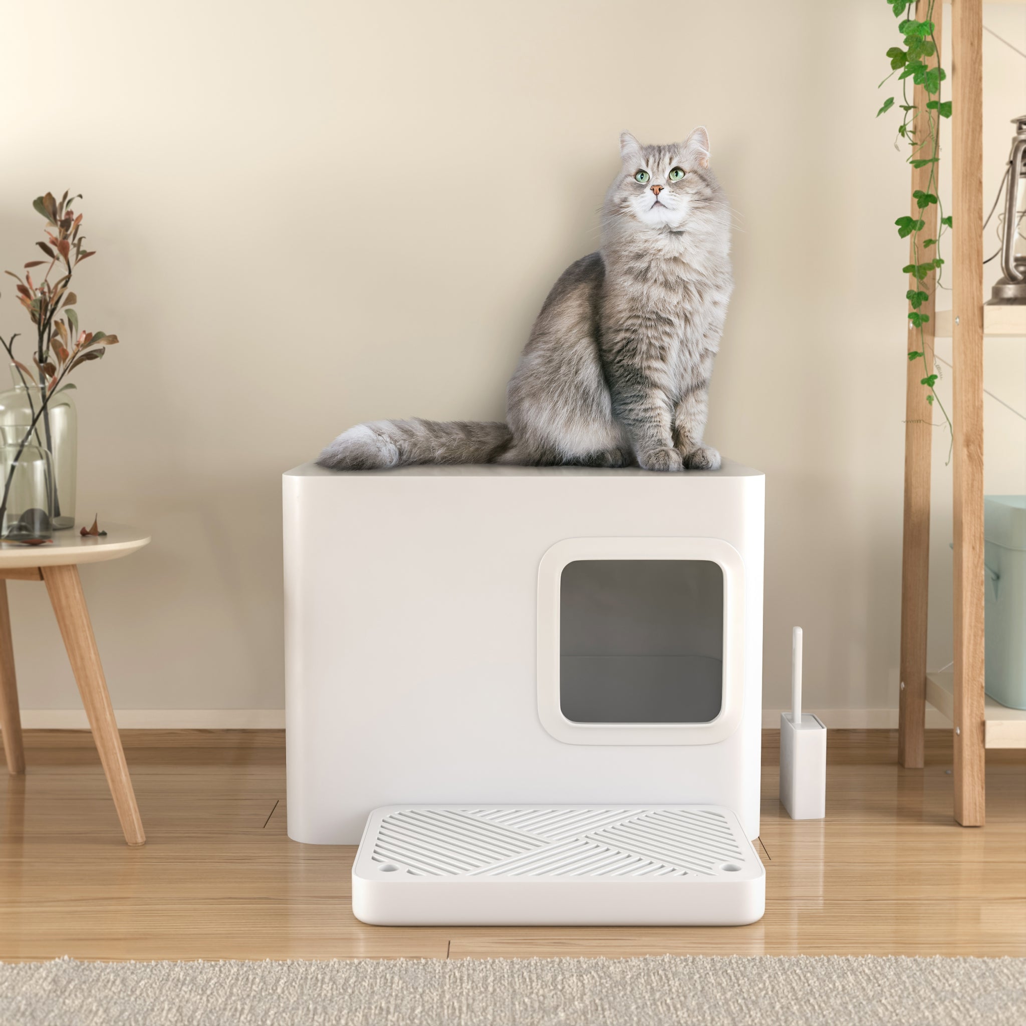 MEOWY STUDIO Loo XL Covered Cat Litter Box， Aspen White