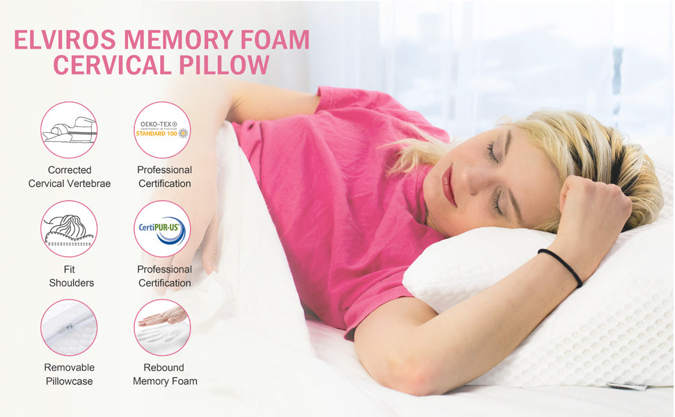 Elviros Cervical Memory Foam Pillow, Contour Pillows for Neck and Shoulder Pain, Ergonomic Orthopedic Sleeping Neck Contoured Support Pillow for Side Sleepers, Back and Stomach Sleepers (White)