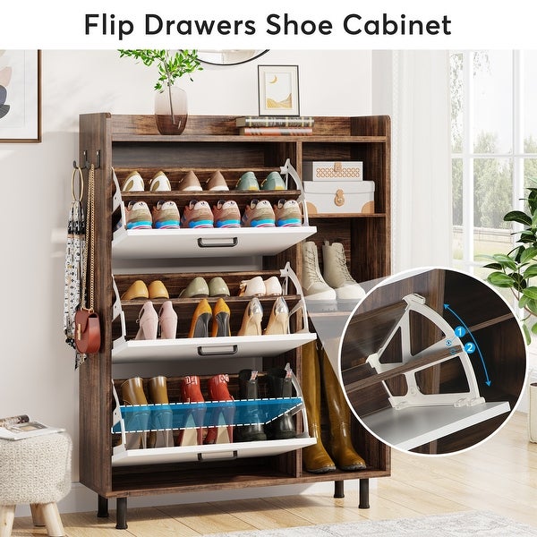 Shoe Storage Cabinet with 3 Flip Drawers and 5 Tiers shelves， Freestanding Wooden Tipping Bucket Shoes Organizer Cabinets - - 35444566