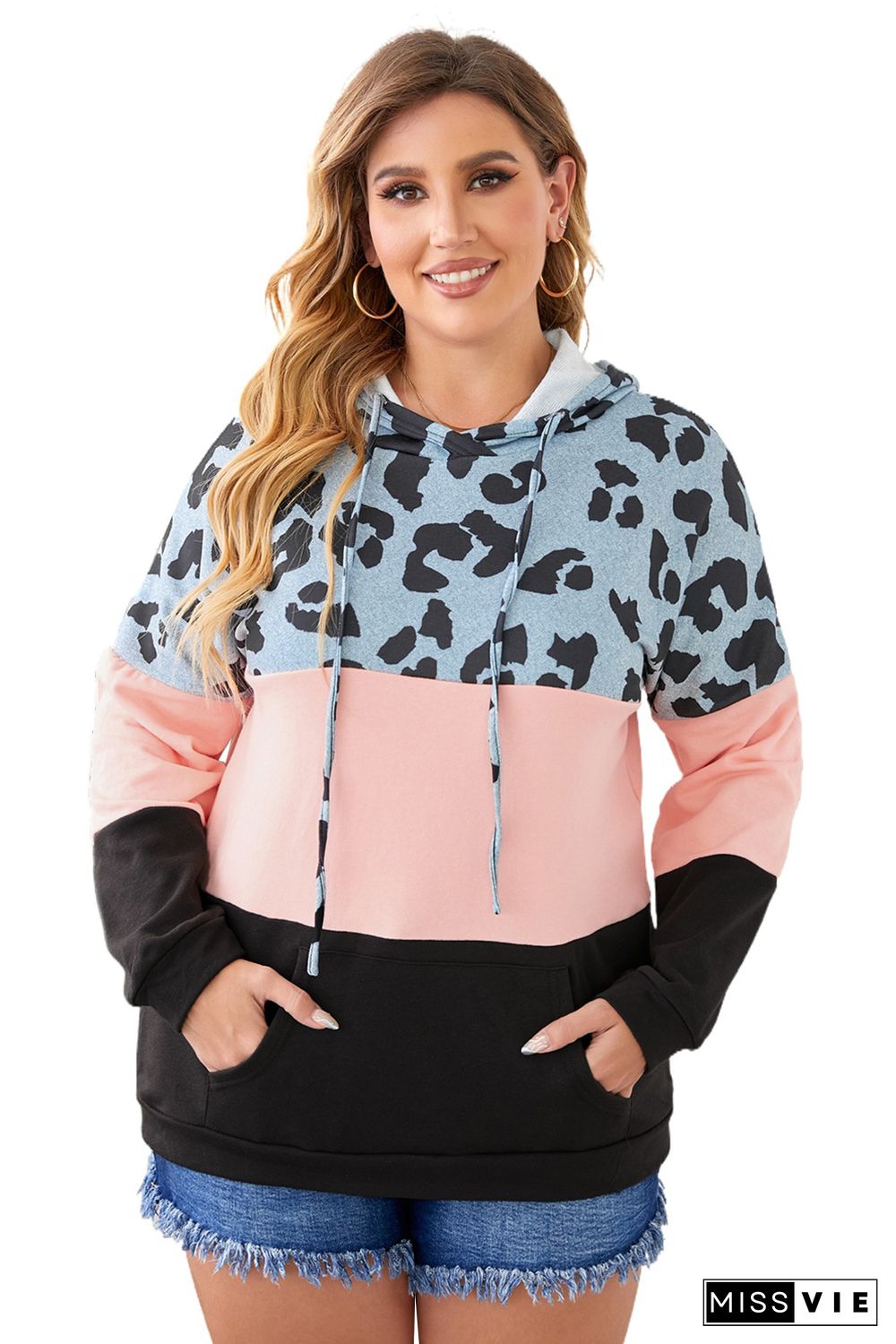 Plus Size Leopard Colorblock Splicing Hoodie with Pocket