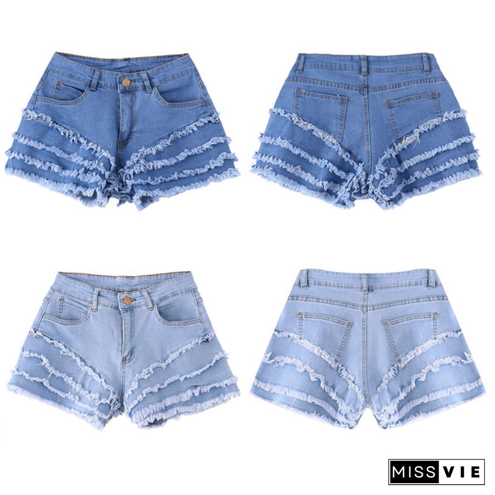 Summer Casual Hot Pants Women Layered Frayed Raw Hem Denim Shorts for Clubwear Streetwear