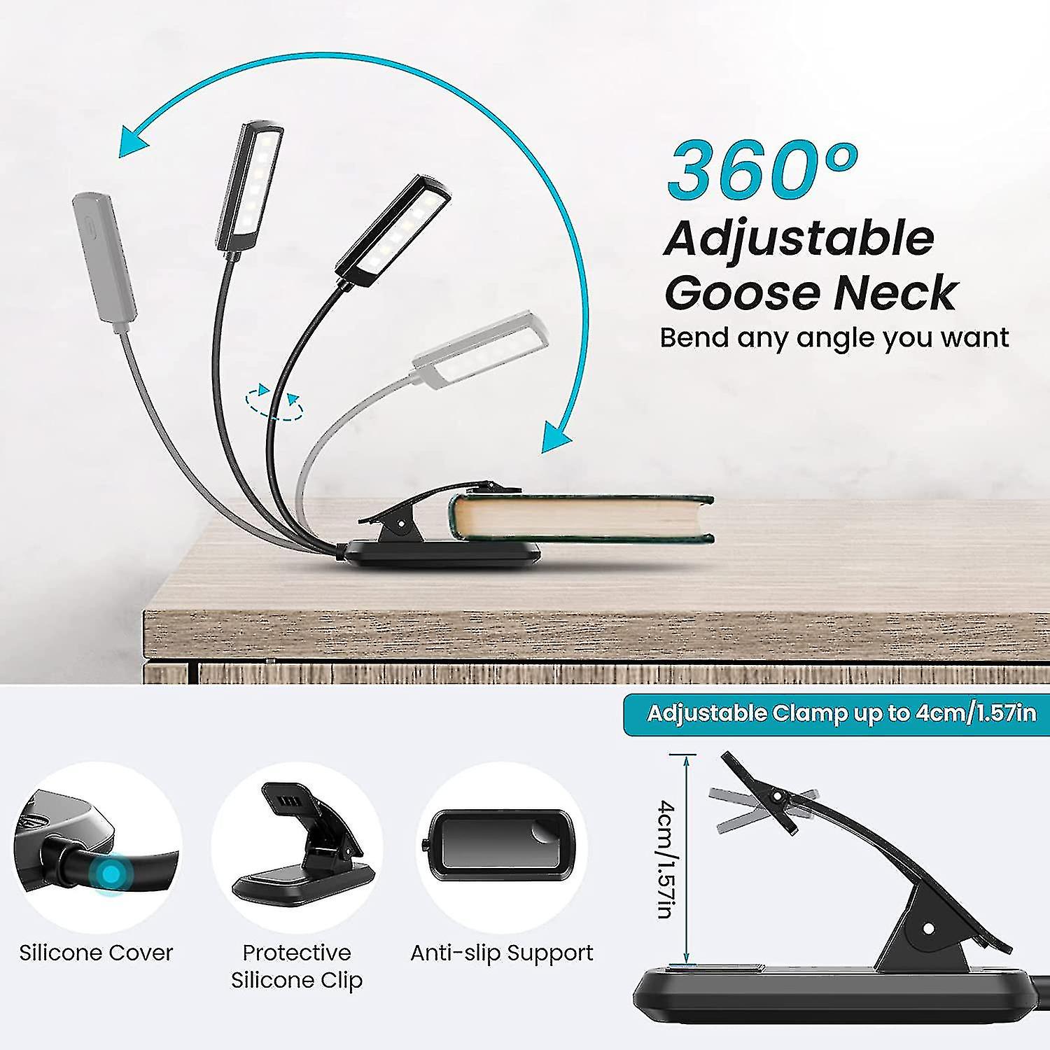 Reading Lamp， Clip Light 6 Led Rechargeable Reading Lamp， 3 Brightness Modes (cool White andamp; Warm White)， 360 Flexible Neck， Bed Reading Lamp， Night