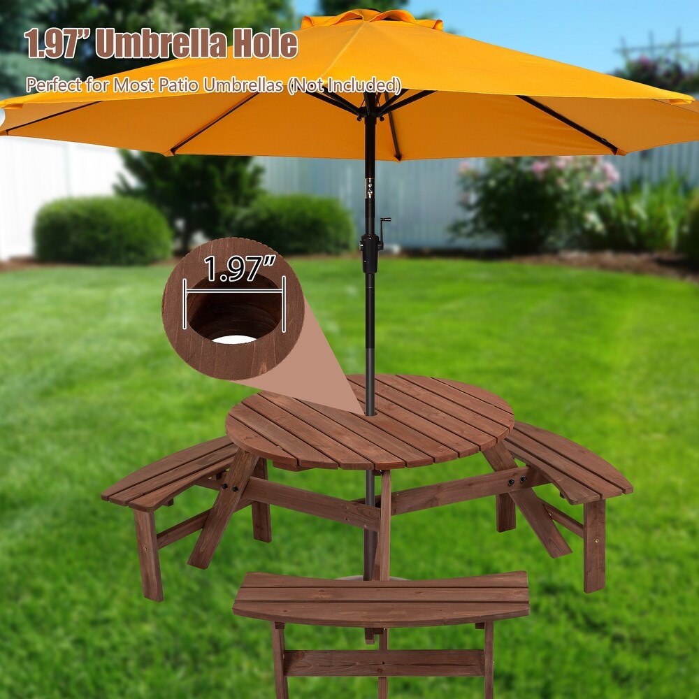 Wood Picnic Tables 6 Pcs Dining Sets Lounge Dining with Umbrella Hole