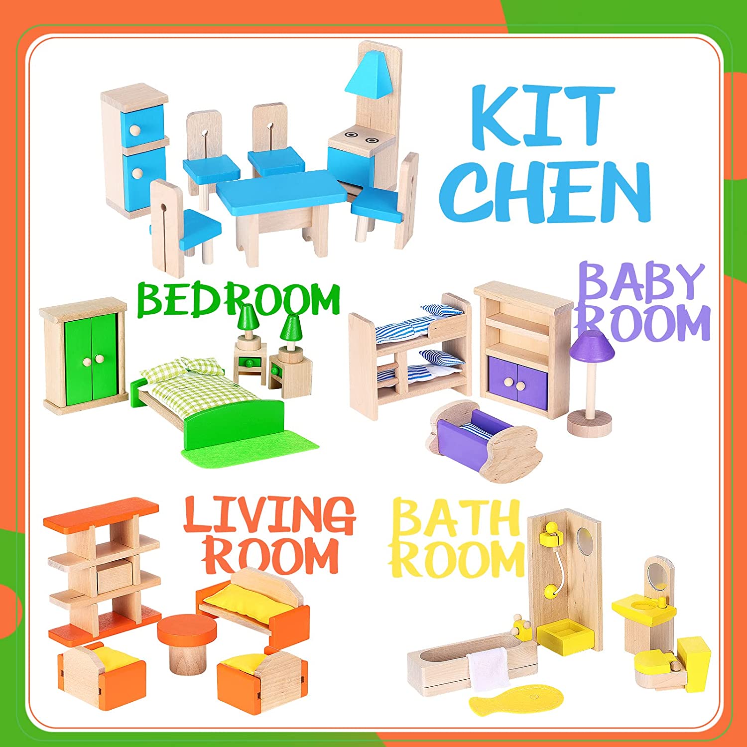 5 Set Wooden Dollhouse Furniture with 8 Family Figures 1:12 Scale Doll House Furnishings， 35 Pieces Dollhouse Accessories (Living Room， Kitchen， Baby Room， Bedroom， Bathroom)