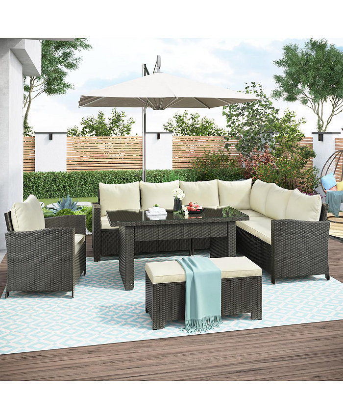 Simplie Fun Patio Furniture Set 6 Piece Outdoor Conversation Set Dining Table Chair with Bench and Cushions