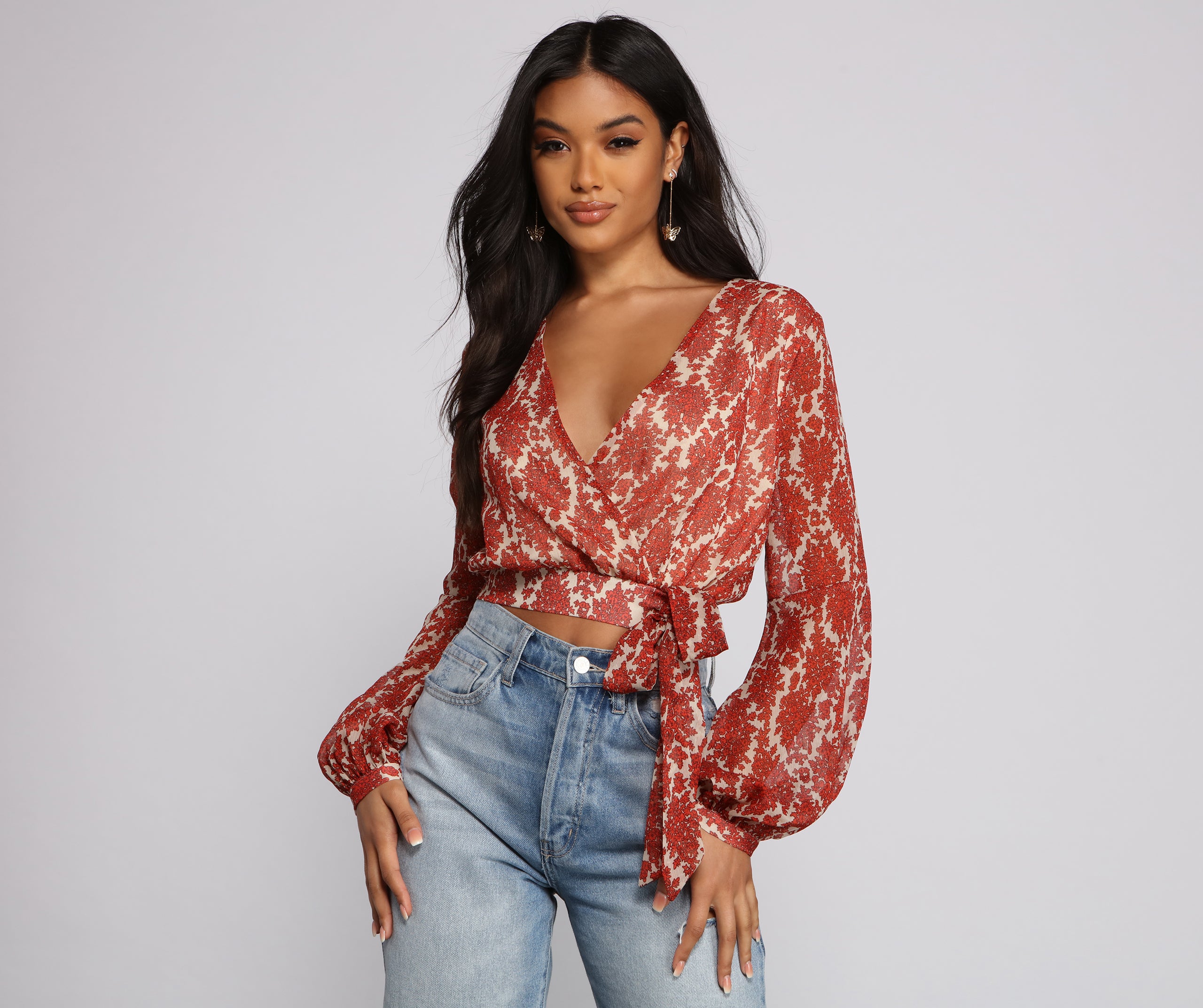 Fall Floral Wrap Front Crop Top