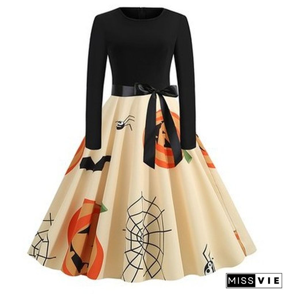 Halloween Print Stitching Long-Sleeved Big Dress