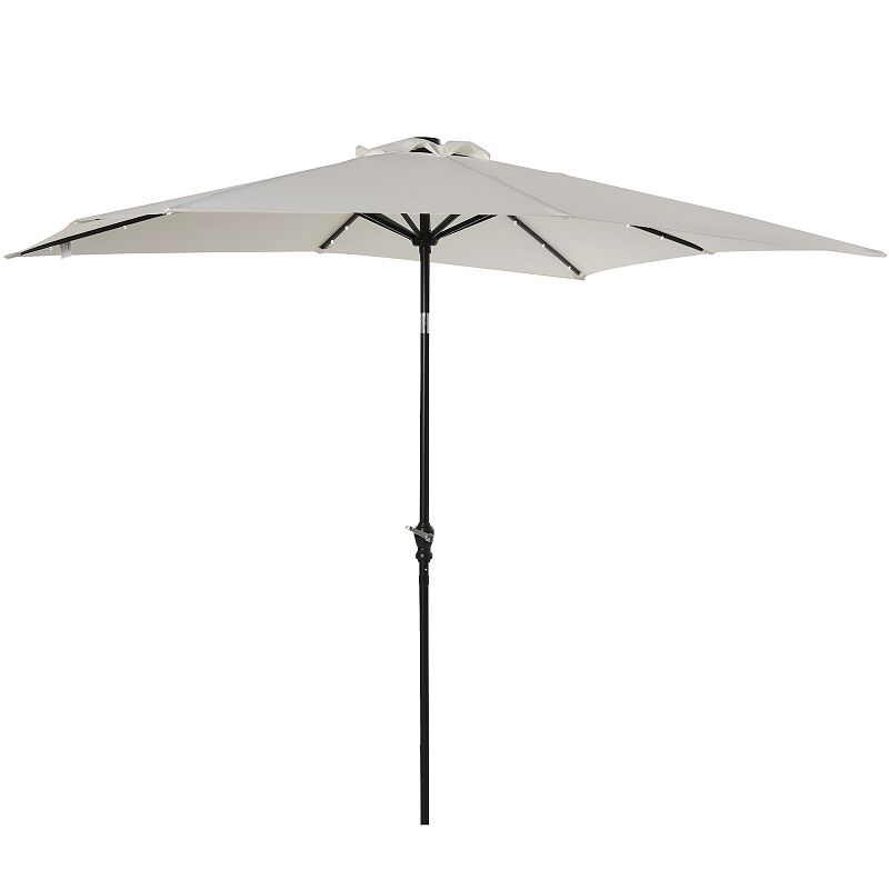 Outsunny 9' x 7' Patio Umbrella Outdoor Table Market Umbrella with Crank Solar LED Lights 45 degree Tilt Push Button Operation for Deck Backyard Pool and Lawn White