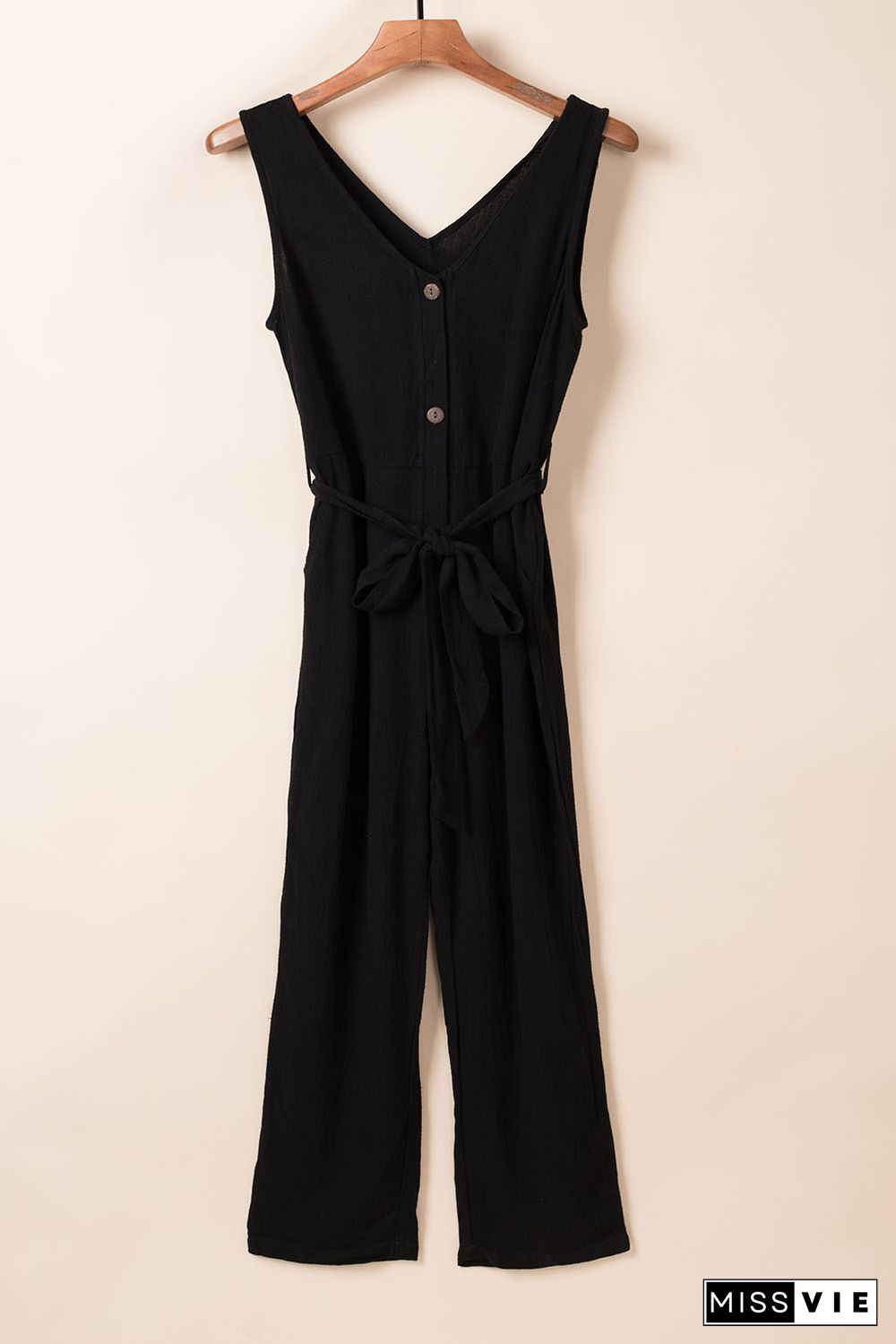 Black V Neck Button Belted Jumpsuit with Pockets