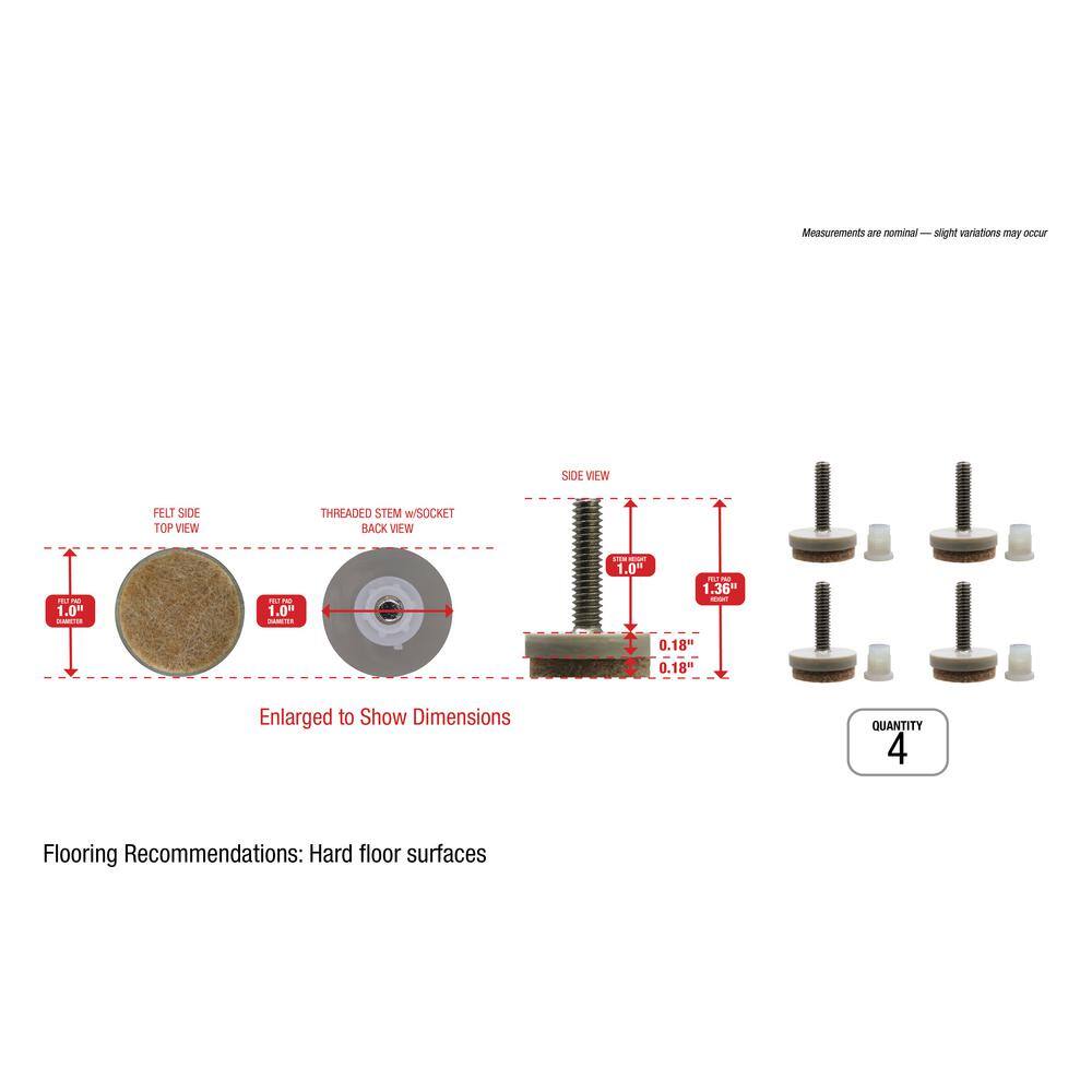 Everbilt 1 in. Beige Round Felt Threaded Stem Furniture Glides for Floor Protection (4-Pack) 49908