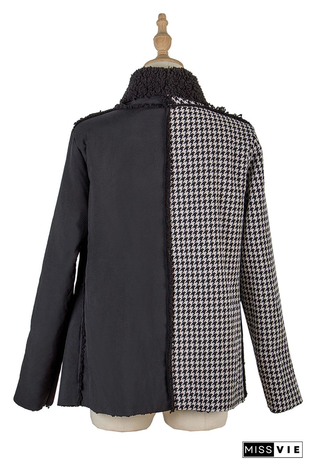 Houndstooth Lapel Collar Color Block Fleece Lining Jackets