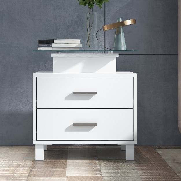 Trinitymodern White Nightstand With Charging Station Led Lights 2 Drawers And Glass Desktop