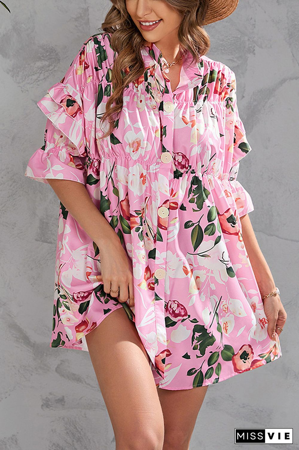 Half Sleeves Floral Button Up SHirt Dress