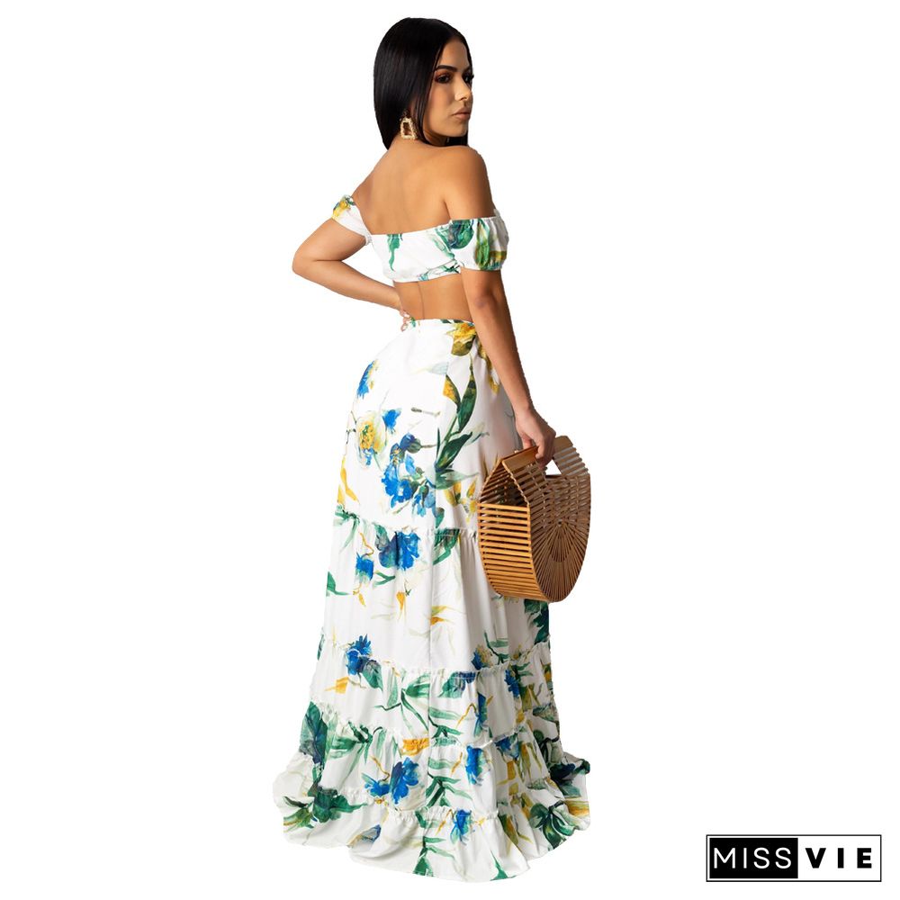 Off Shoulder Floral Print+High Slit Maxi Skirt Set