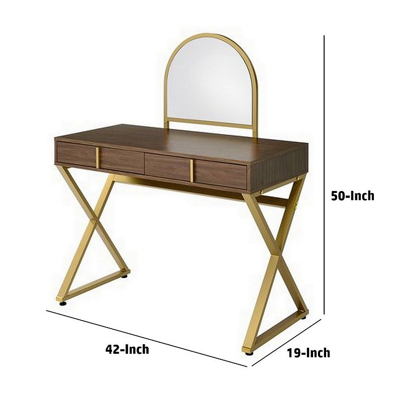 50 Inch Classic Arched Mirror Vanity Desk， Wood， X Metal Frame， Brown， Gold