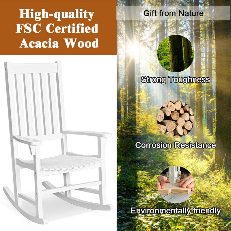 2 Pcs Acacia Wood Rocking Chairs High Back Outdoor Rocker for Porch Patio Lawn