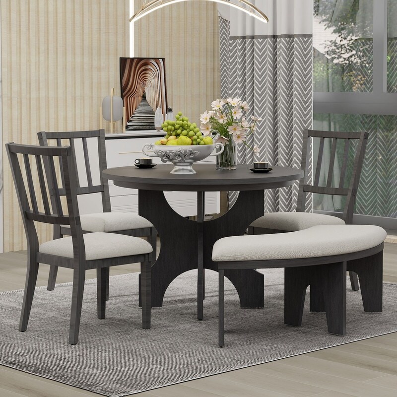 5 Piece Dining Table Set  Round Dining Table with Curved Bench   Side Chairs for Dining Room and Kitchen