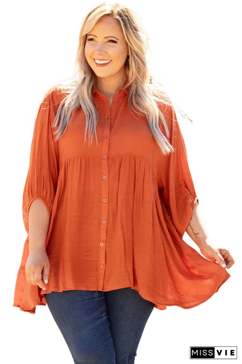 Orange 3/4 Sleeve Plus Size Tunic Top