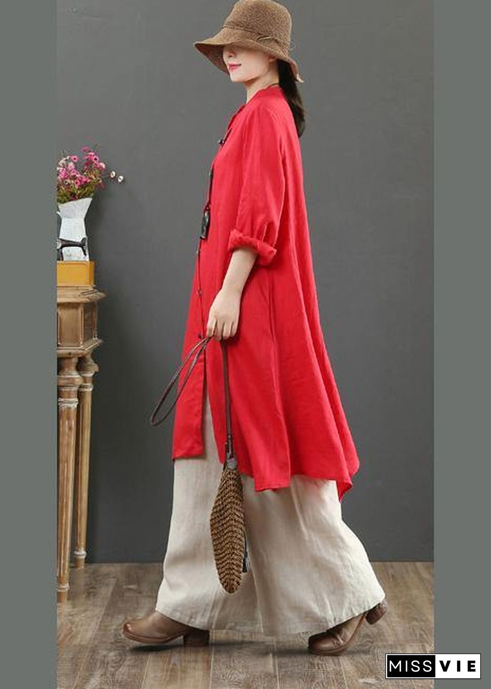 Unique Stand Collar Asymmetric Spring Clothes Pattern Red Blouse