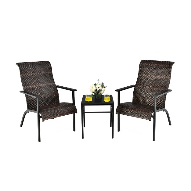 Costway 3 Pcs Patio Rattan Bistro Set High Backrest Armrest Sidetable Mix Gray mix Brown