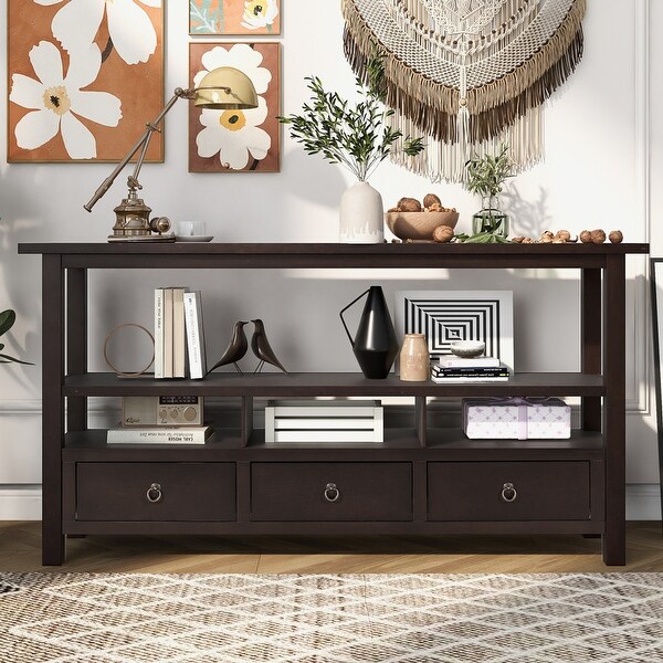 Rustic Solid Wood Console Table with 3 Drawers and 2 Shelves