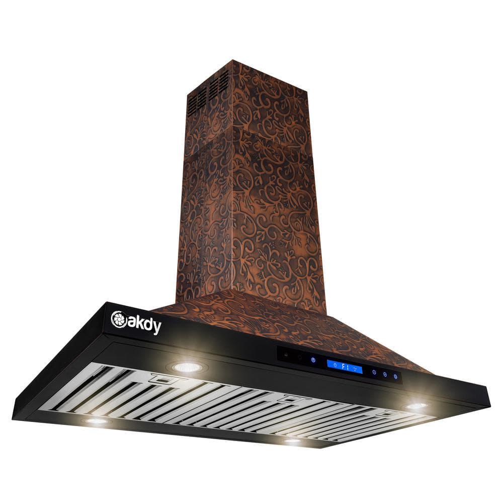 AKDY 36 in Convertible Island Mount in Embossed Copper Vine Design Kitchen Range Hood with Lights