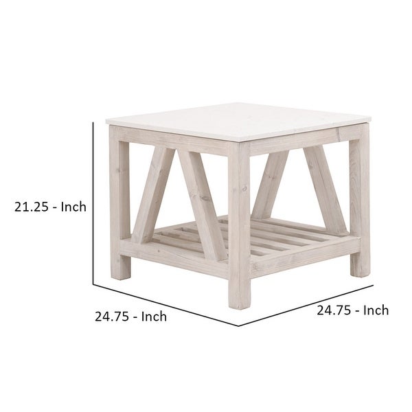 End Table with Solid Quartz Top and 1 Slatted Shelf， Washed White