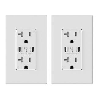 ELEGRP 20 Amp 30-Watt Dual Type C USB Wall Charger with Duplex Tamper Resistant Outlet Wall Plate Included White (2-Pack) R182D60CC-WH2