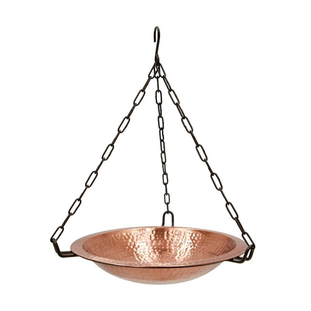 ACHLA DESIGNS 19.5 in. H Round Satin and Black Solid Copper/Wrought Iron Hanging Birdbath Bowl， Garden Accent， Outdoor Accessory BBH-03CP