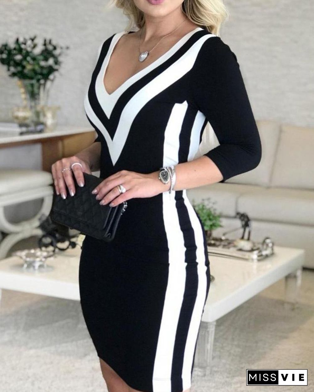 Women Sexy V Neck Long Sleeve Party Dress Striped Tape Bodycon Dress