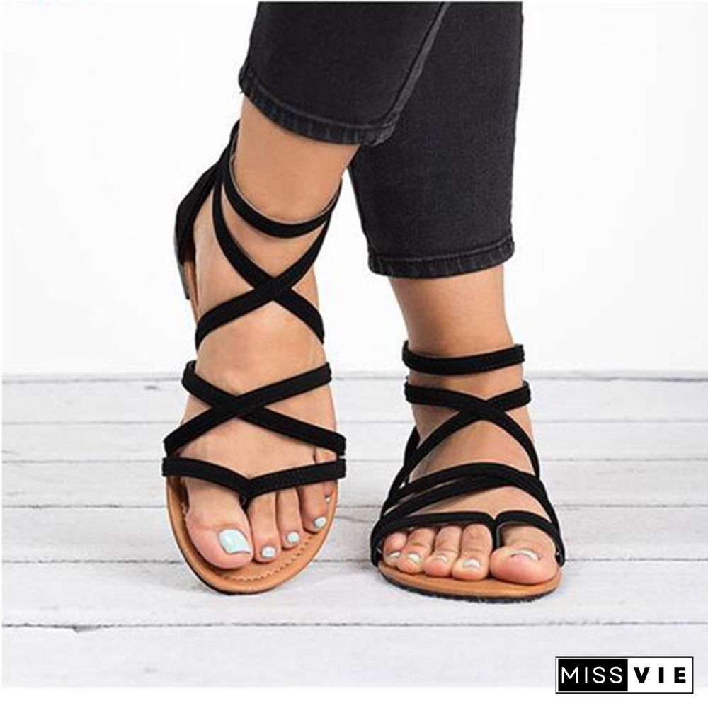 Summer Flip Flops Gladiator Sandals Shoes Beach Cross Sandals Woman Slip On Flats Casual Women Black Brown Shoes Plus Size 34-43