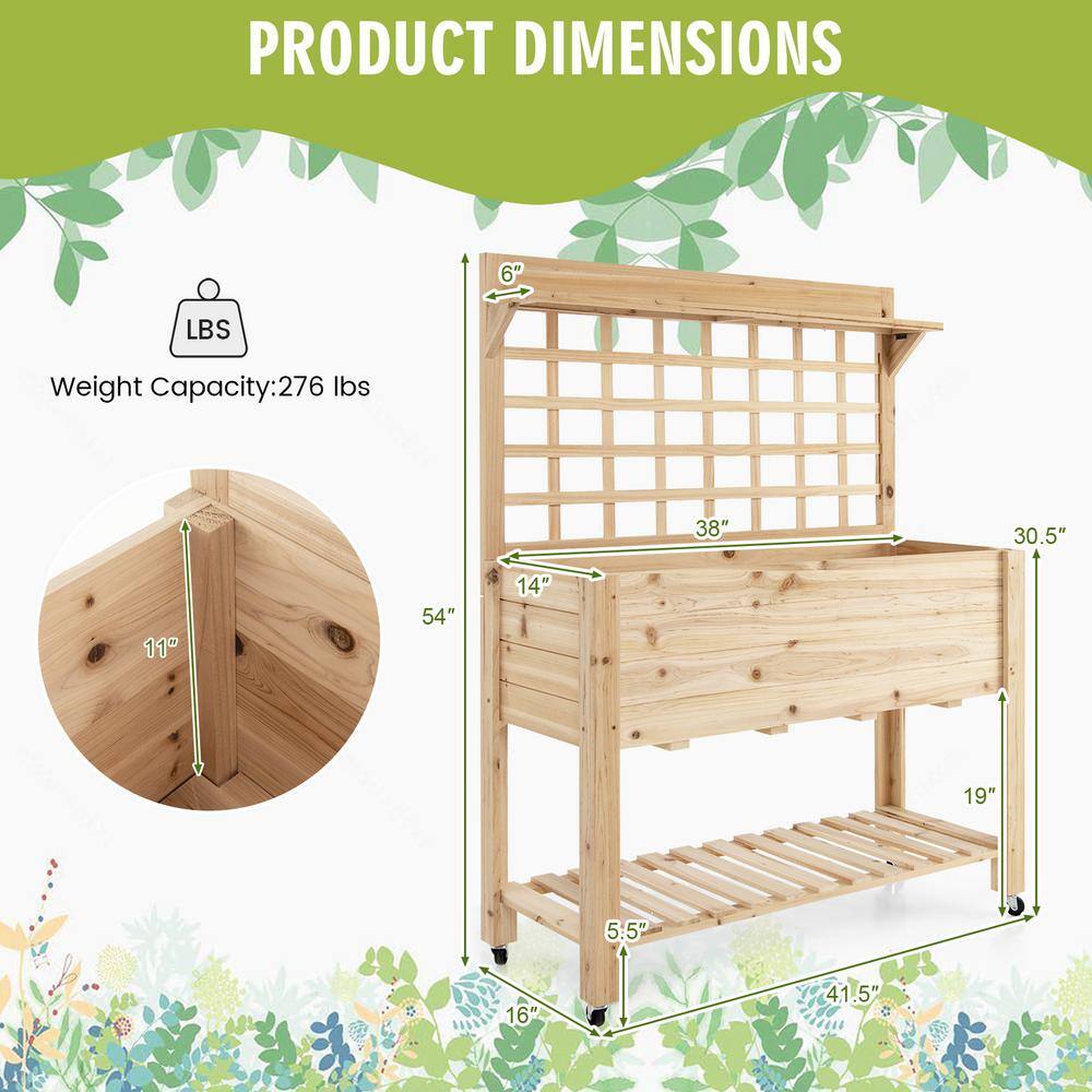 HONEY JOY 41.5 in. x 16 in. x 54 in. Wood Raised Garden Bed Elevated Planter Box with Wheels Bed Liner Top/Bottom Storage Shelves TOPB006551