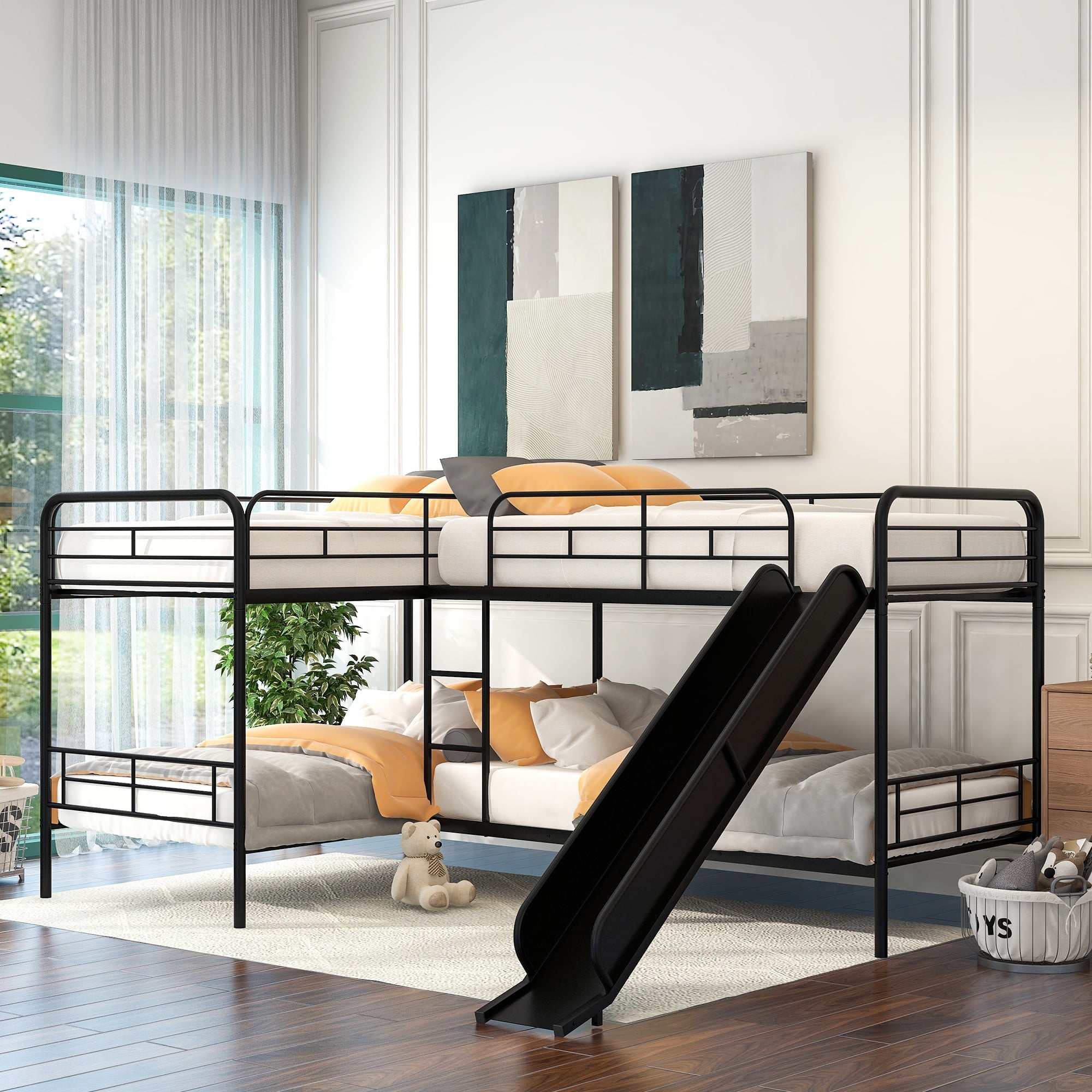 Modern Meta Twin L-Shaped Quadruple Bunk Bed for Kids Bedroom, Black