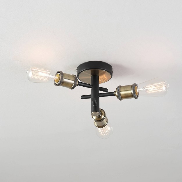 3 light Shipka Flush Mount Ceiling Light With Antique Brass Accent Matte Black Globe Electric