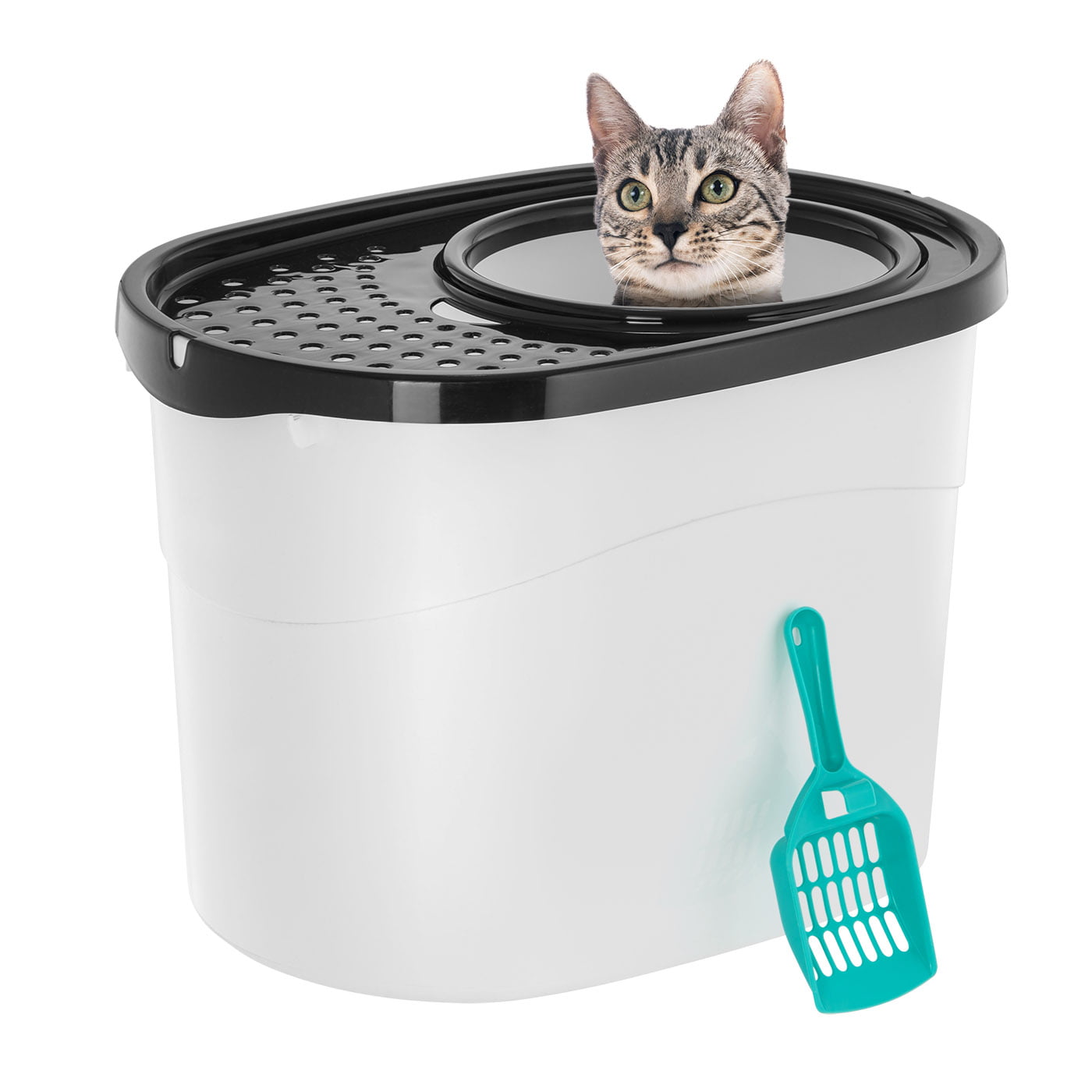 IRIS USA， Top Entry Cat Litter Box with Litter Catching Grated Lid， White/Black